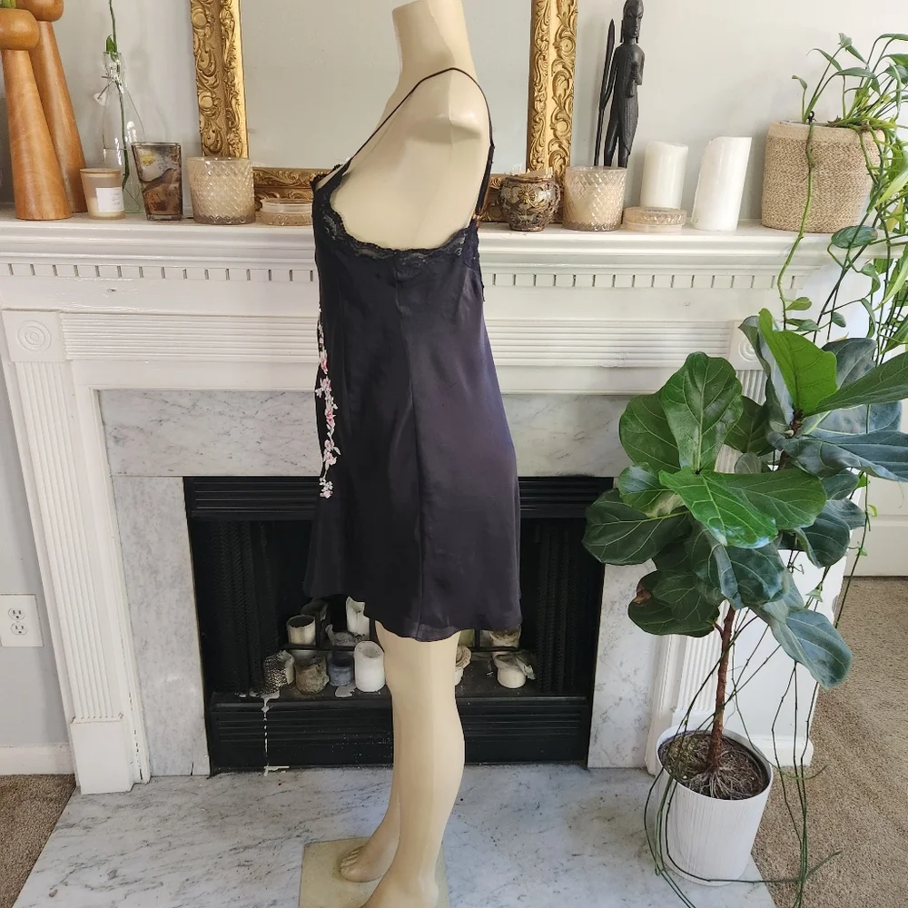 Vintage 90s Black Floral Chemise Slip Dress Sz M Pink Embroidered Mini Lace Y2K